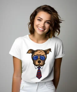 Woman wearing a white oversized T-shirt with a dog-in-a-tie graphic print, part of the TOKYOJONNY Collection.