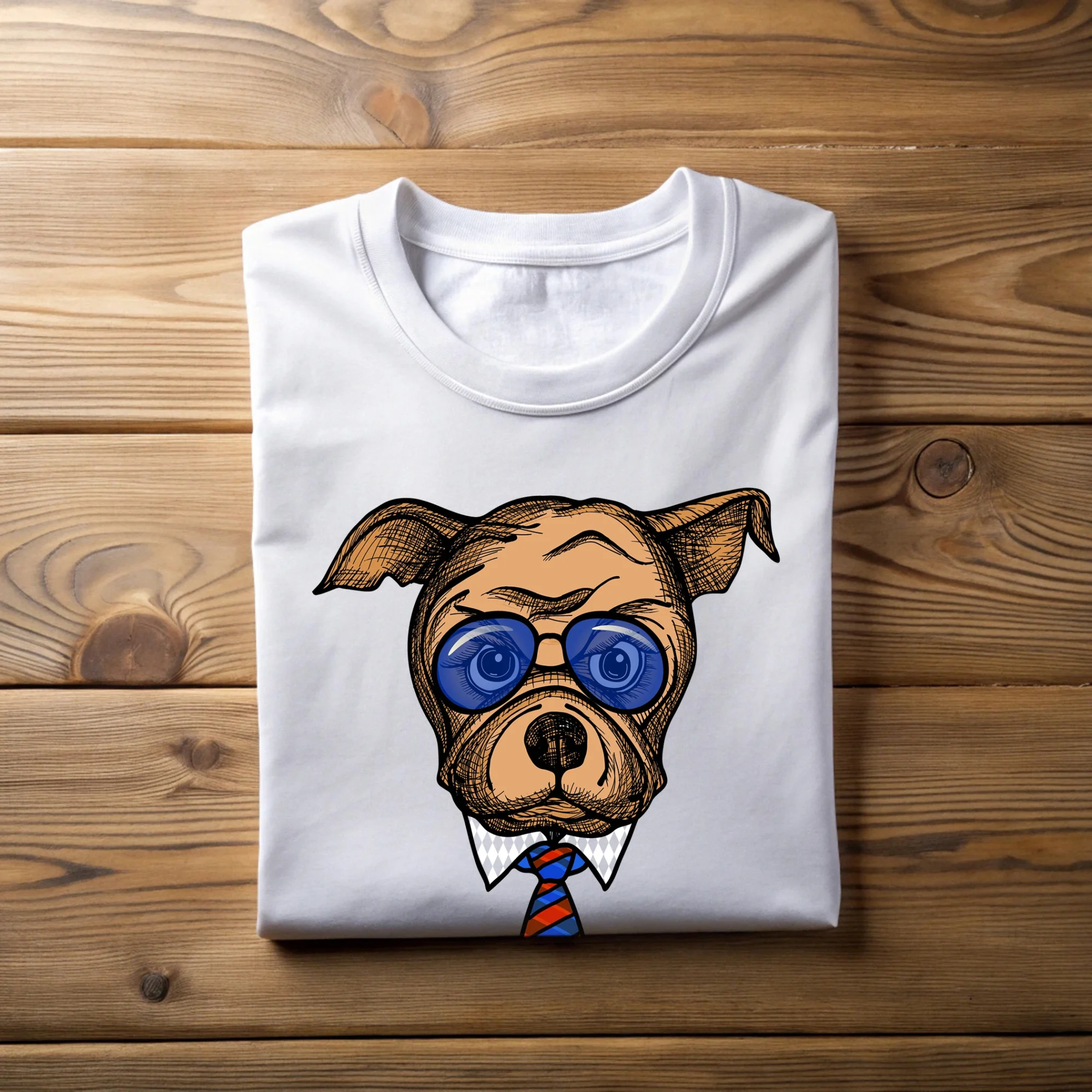 Folded white oversized T-shirt featuring a dog wearing a tie graphic print.