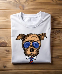 Folded white oversized T-shirt featuring a dog wearing a tie graphic print.