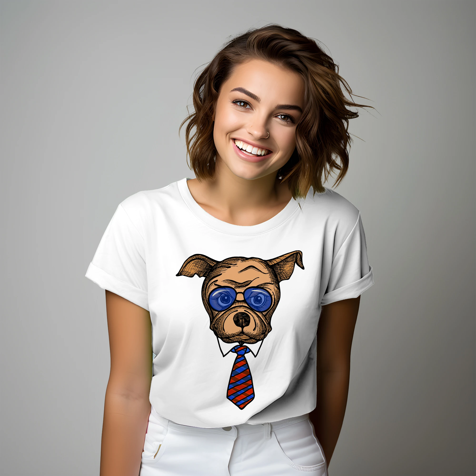Woman wearing a white oversized T-shirt with a dog-in-a-tie graphic print, part of the TOKYOJONNY Collection.