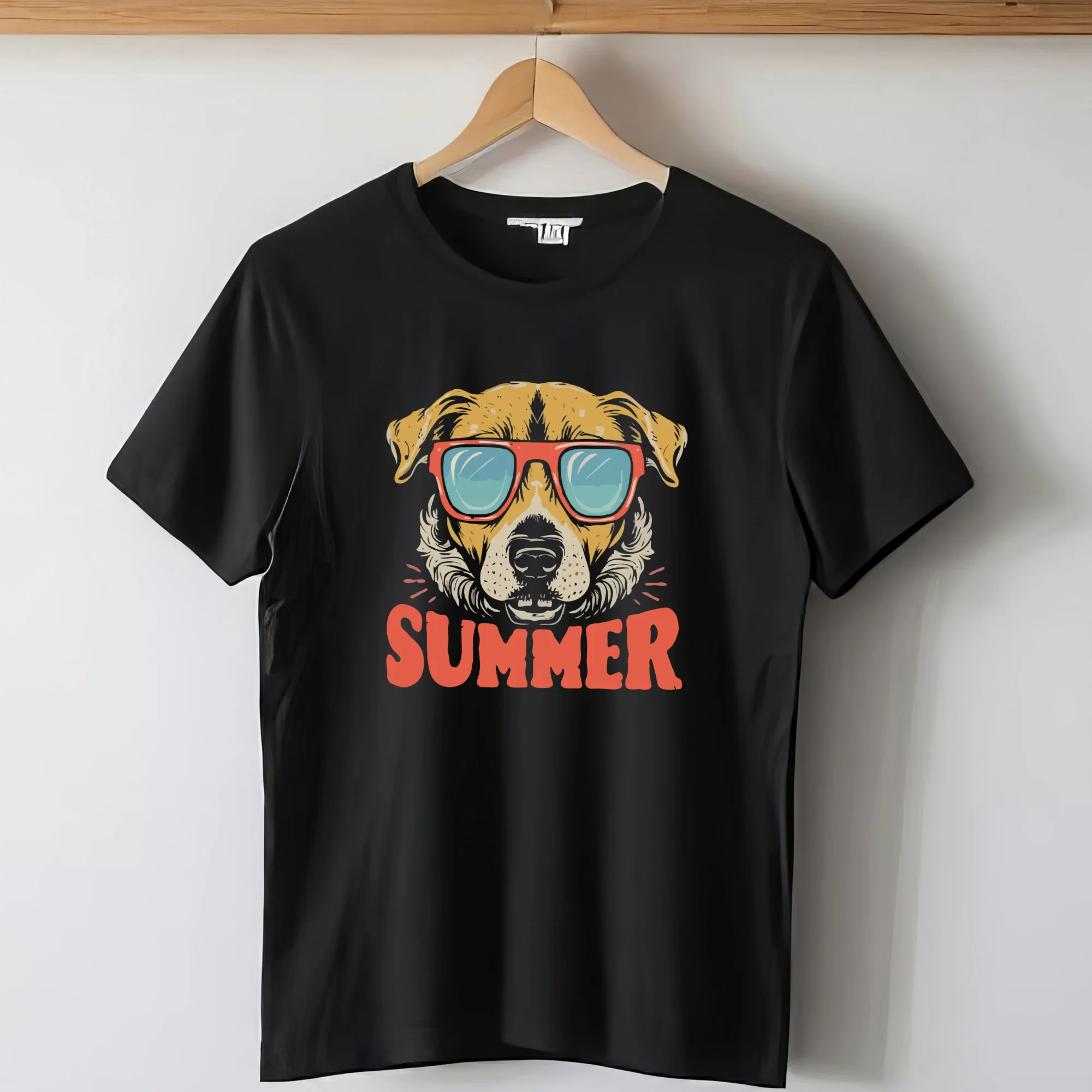 Black unisex custom T-shirt hanging on display with personalized pet photo and name.