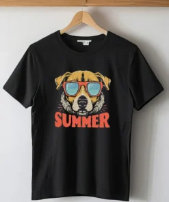 Black unisex custom T-shirt hanging on display with personalized pet photo and name.