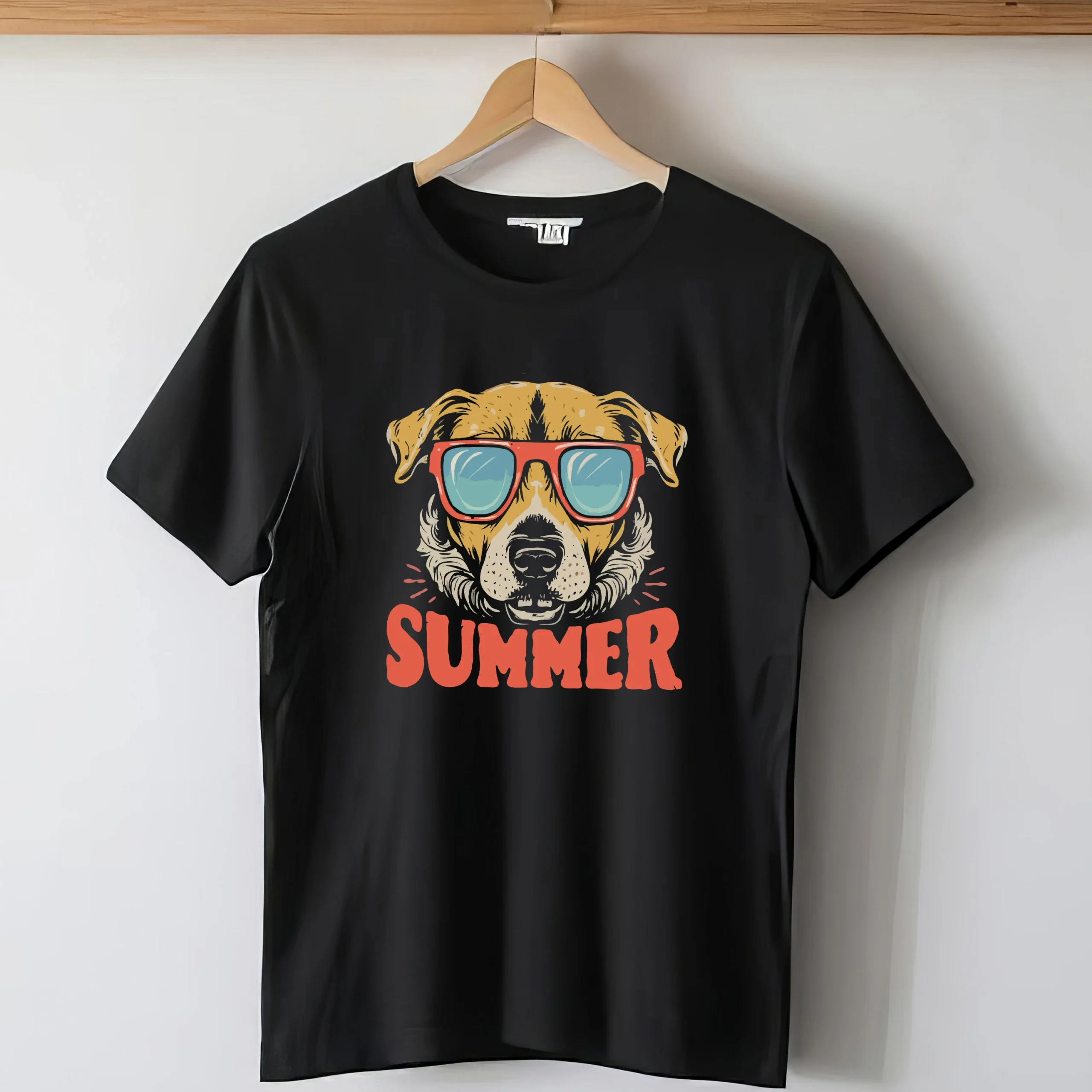 Black unisex custom T-shirt hanging on display with personalized pet photo and name.