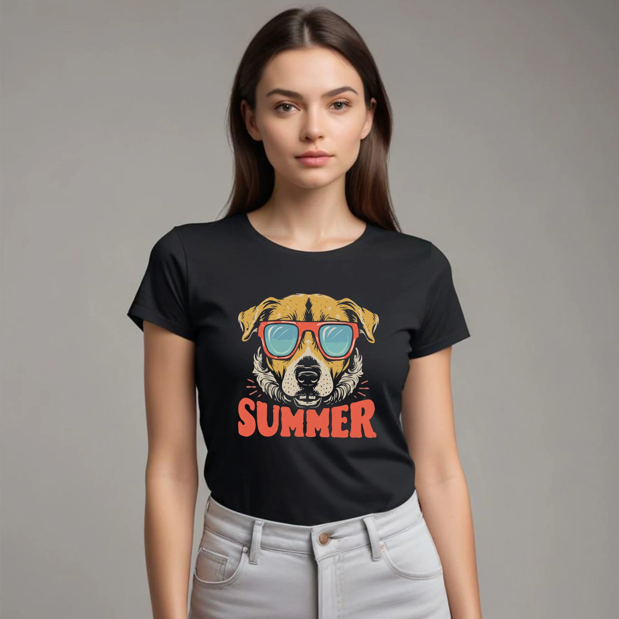 Woman wearing a black unisex custom name T-shirt featuring a personalized pet photo and name.