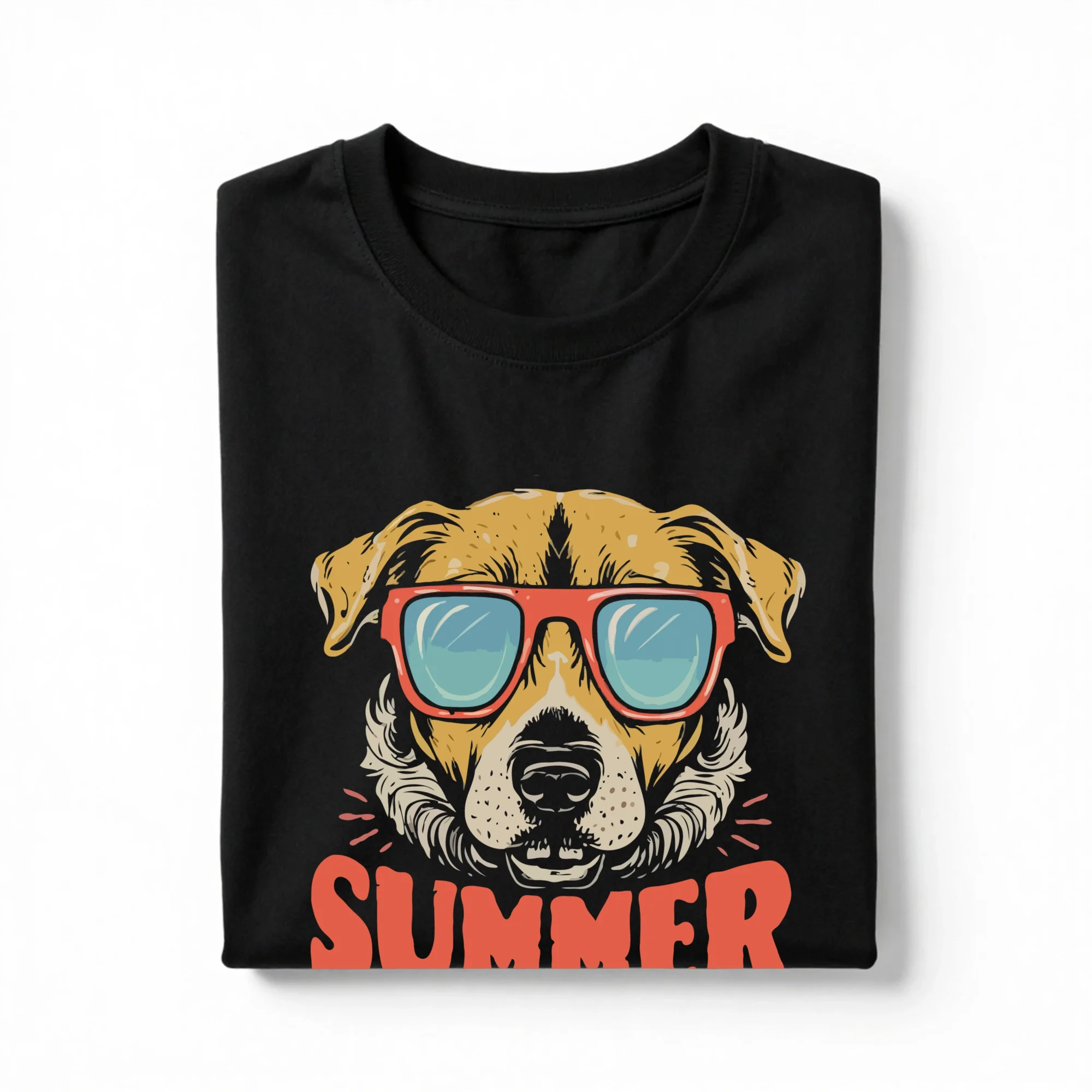 Folded black unisex custom T-shirt featuring a personalized pet photo and name.