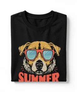 Folded black unisex custom T-shirt featuring a personalized pet photo and name.