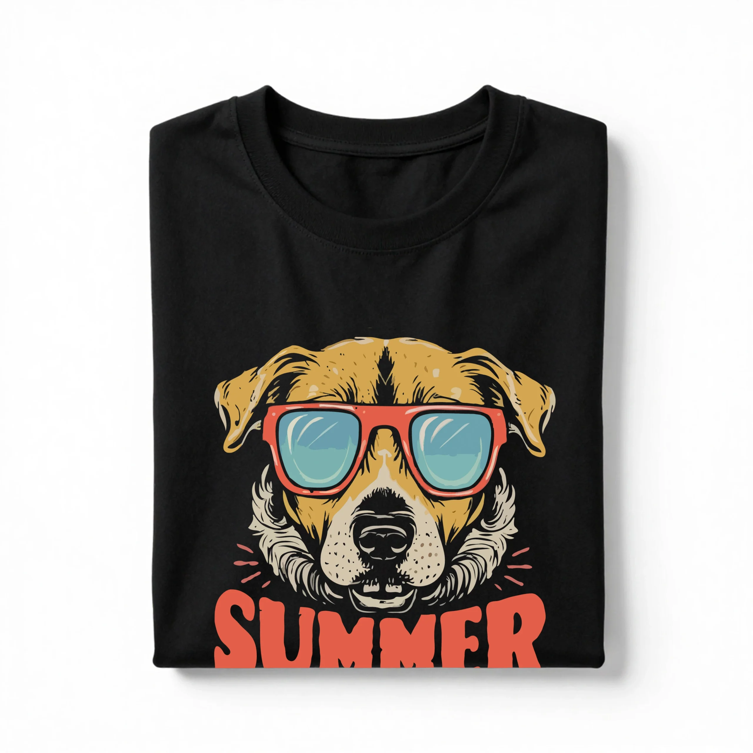 Folded black unisex custom T-shirt featuring a personalized pet photo and name.