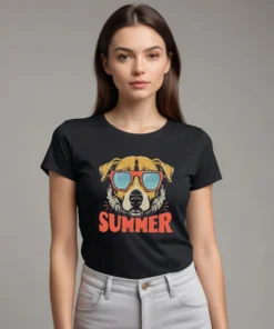 Woman wearing a black unisex custom name T-shirt featuring a personalized pet photo and name.