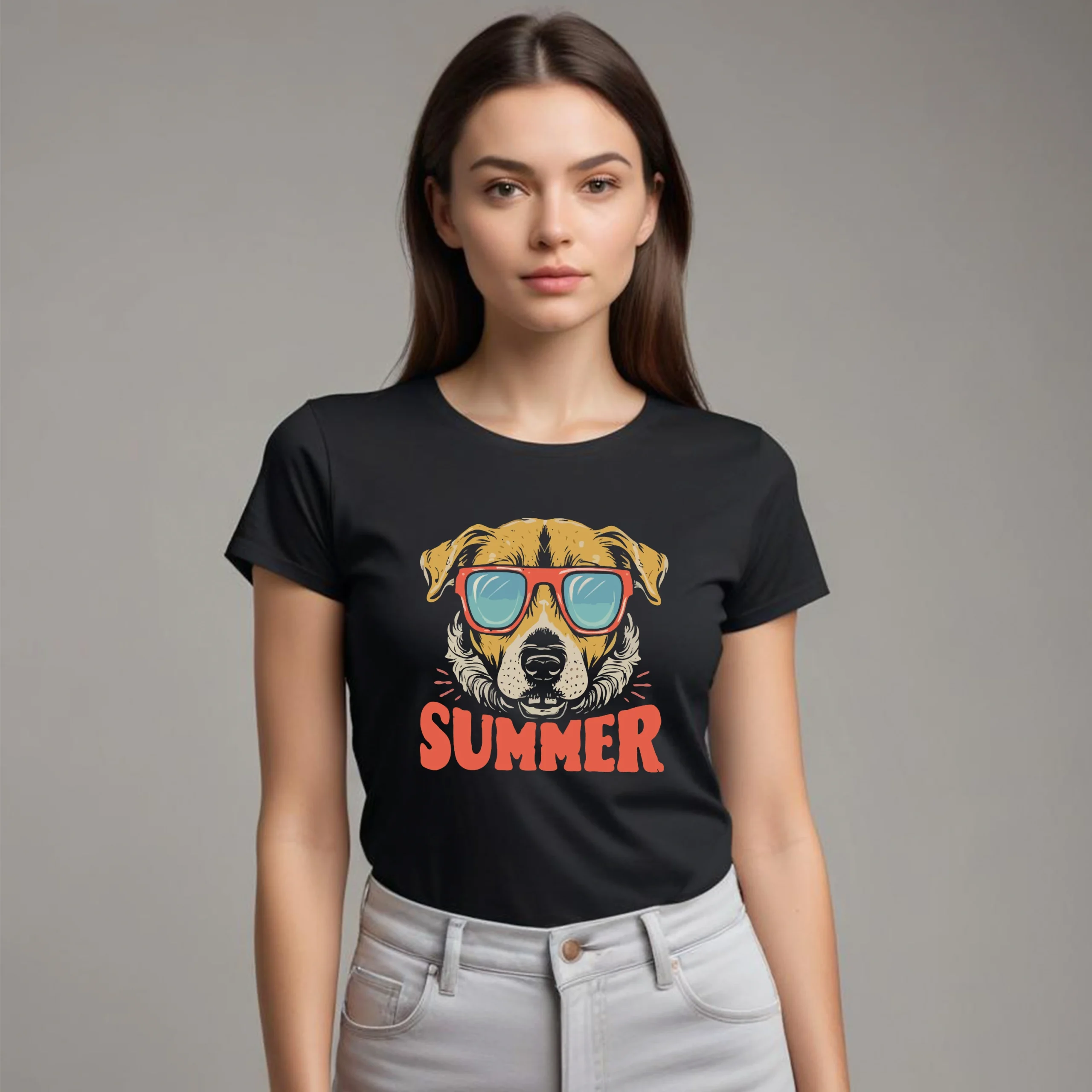 Woman wearing a black unisex custom name T-shirt featuring a personalized pet photo and name.