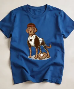 Oversized unisex t-shirt featuring a cartoon Labrador dog playing baseball printed on Royal Blue Color T-Shirt the front.