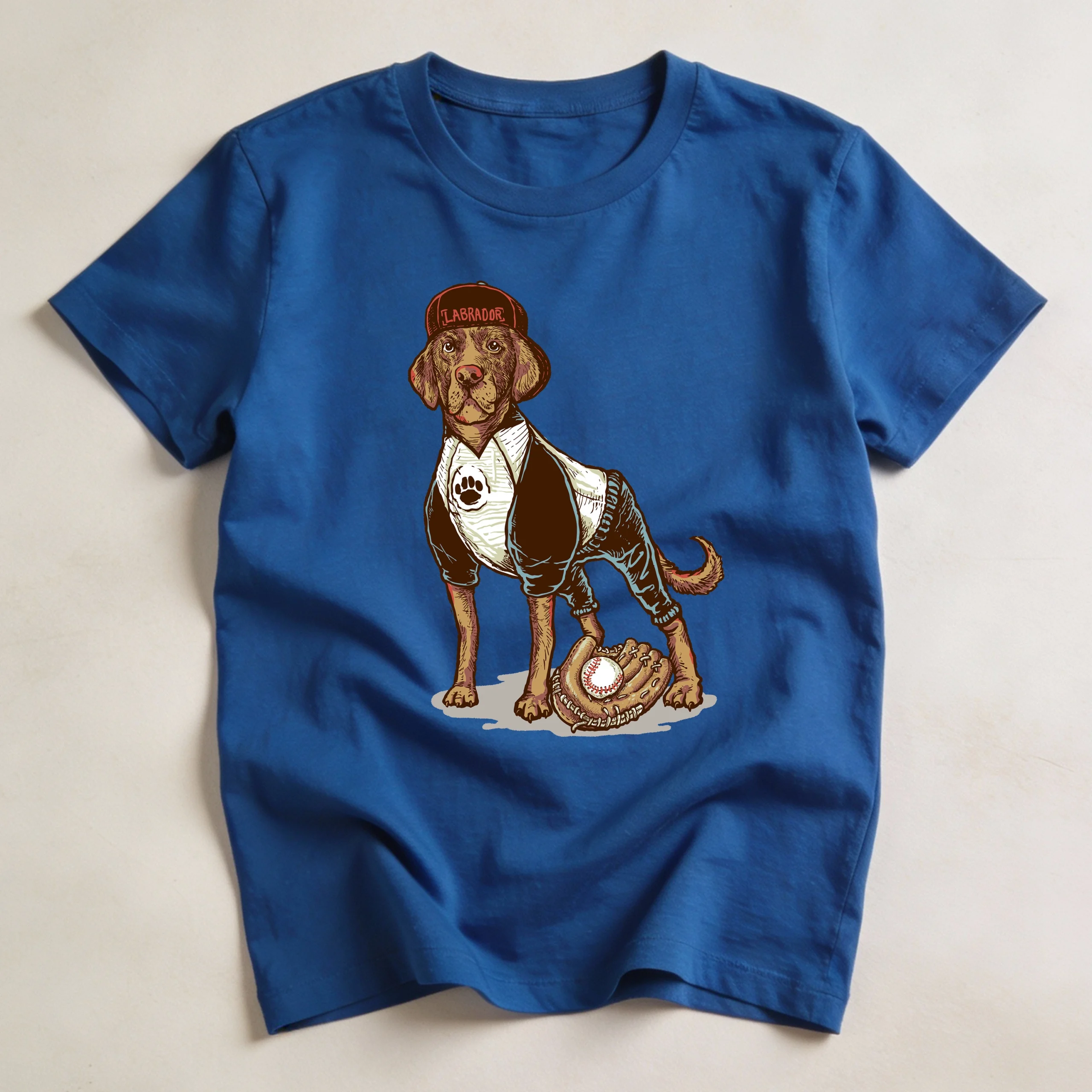 Oversized unisex t-shirt featuring a cartoon Labrador dog playing baseball printed on Royal Blue Color T-Shirt the front.