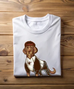 Oversized unisex t-shirt White Color featuring a cartoon Labrador dog playing baseball printed on the front.