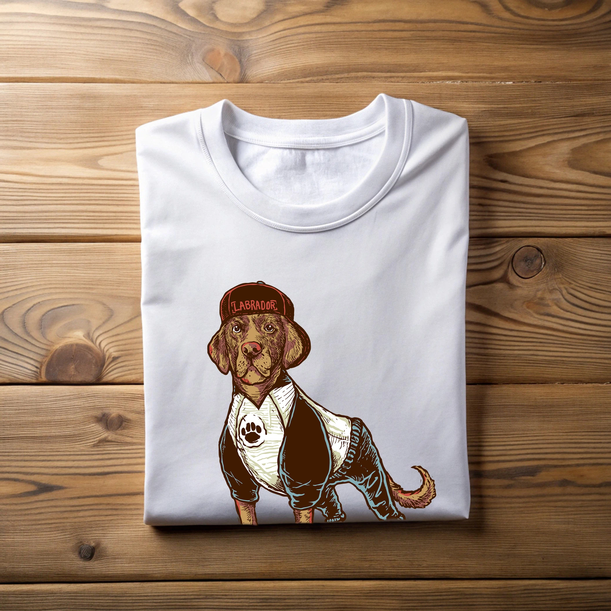 Oversized unisex t-shirt White Color featuring a cartoon Labrador dog playing baseball printed on the front.