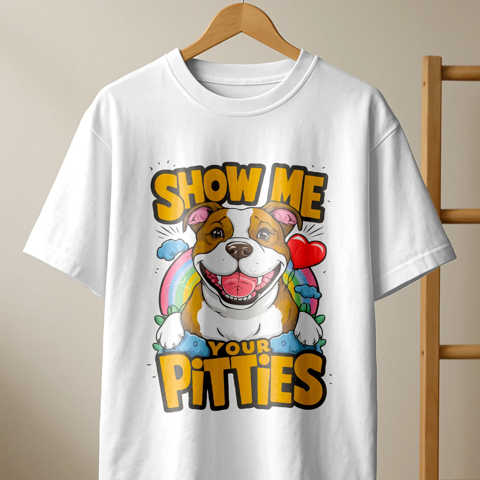 Oversized white 'Show Me Your Pitties' women’s t-shirt hanging on hanger, pet lover graphic tee.