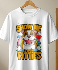 Oversized white 'Show Me Your Pitties' women’s t-shirt hanging on hanger, pet lover graphic tee.