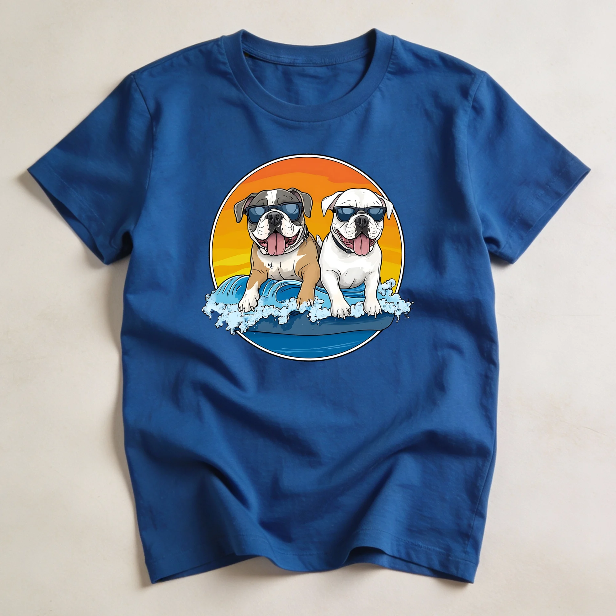 Flatlay of a royal blue oversized T-shirt featuring bold dog artwork on the front.