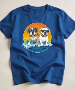 Flatlay of a royal blue oversized T-shirt featuring bold dog artwork on the front.