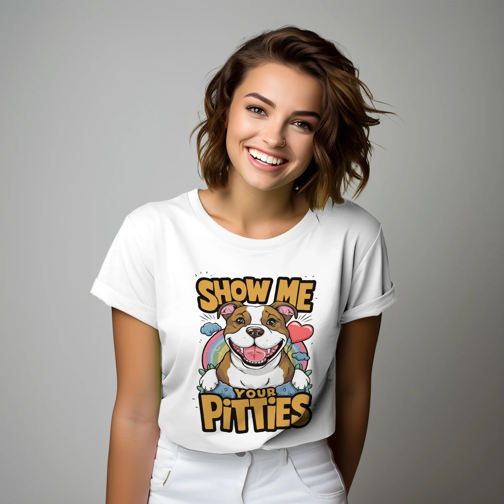 Woman smiling while wearing an oversized white 'Show Me Your Pitties' t-shirt, dog lover graphic tee.
