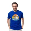 Man wearing a royal blue oversized T-shirt featuring bold dog artwork on the front.