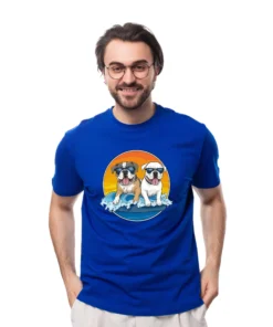 Man wearing a royal blue oversized T-shirt featuring bold dog artwork on the front.