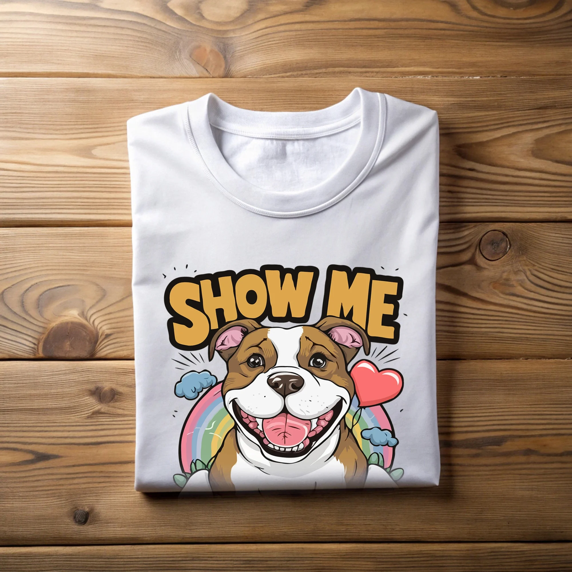 Here are clean, SEO-friendly and product-ready text elements for your listing: ALT Text "Oversized white 'Show Me Your Pitties' women’s t-shirt folded flat on surface, pet lover graphic tee.