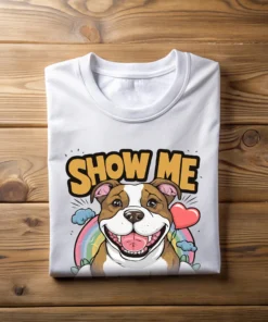 Here are clean, SEO-friendly and product-ready text elements for your listing: ALT Text "Oversized white 'Show Me Your Pitties' women’s t-shirt folded flat on surface, pet lover graphic tee.