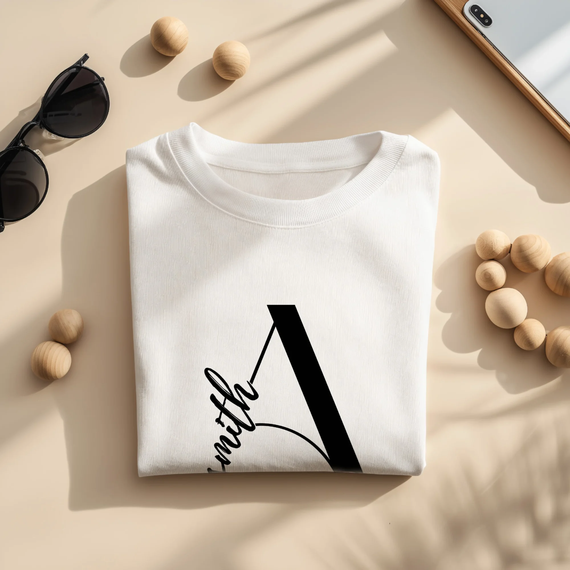 Flat lay view of personalized white matching couple t-shirts with custom names printed on premium cotton fabric.
