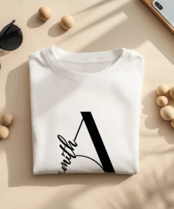 Flat lay view of personalized white matching couple t-shirts with custom names printed on premium cotton fabric.