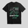 Personalized kids space adventure name T-shirt shown in white and black colors with a custom name design in a flat lay product photo.