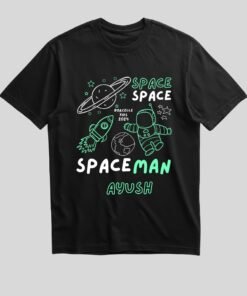 Personalized kids space adventure name T-shirt shown in white and black colors with a custom name design in a flat lay product photo.