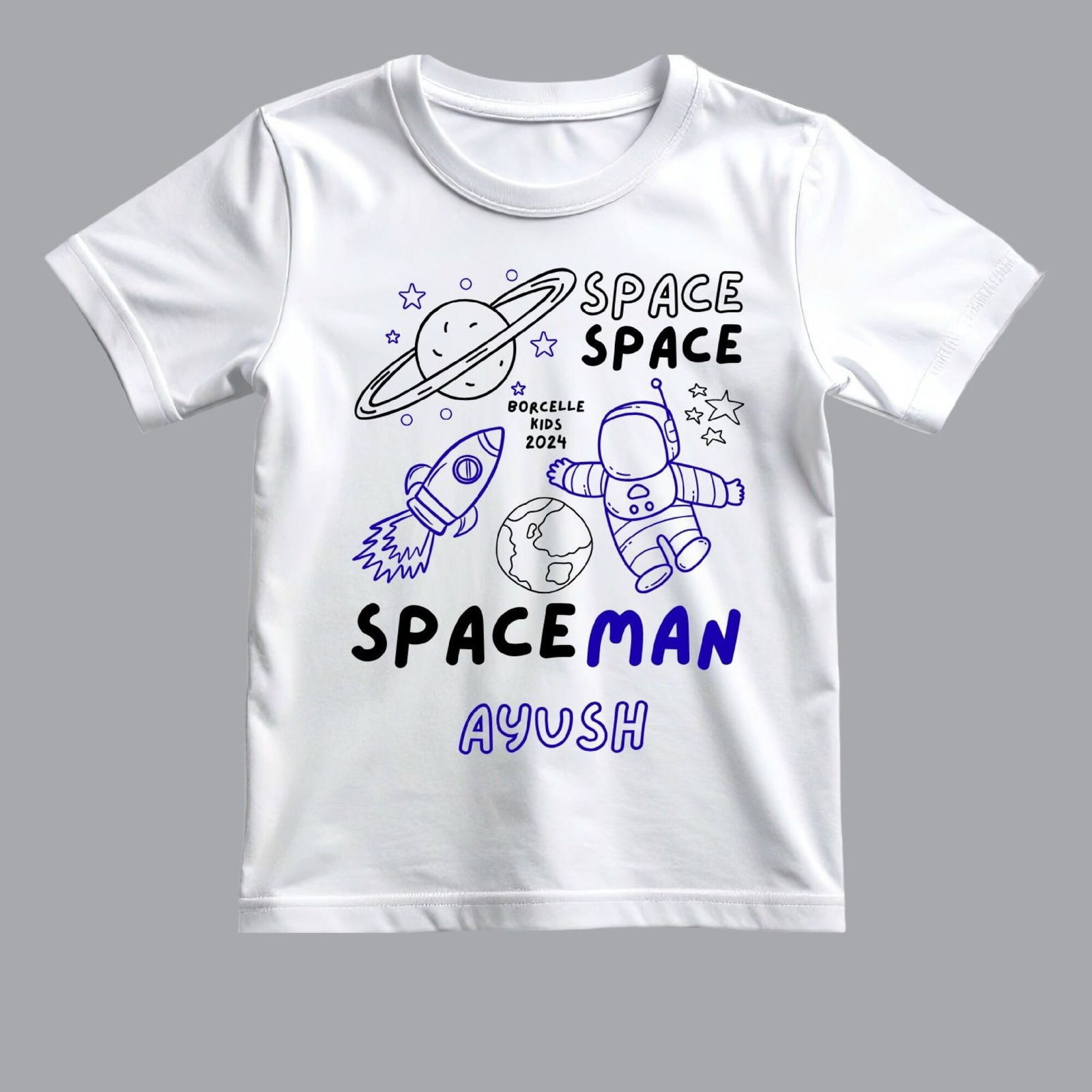 Personalized kids space adventure name T-shirt shown in white and black colors with a custom name design in a flat lay product photo.