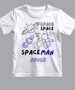 Personalized kids space adventure name T-shirt shown in white and black colors with a custom name design in a flat lay product photo.