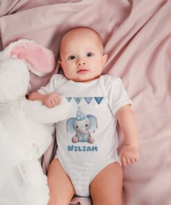 Personalized newborn baby romper featuring a cute elephant illustration and custom name, perfect as a baby shower gift or newborn outfit.
