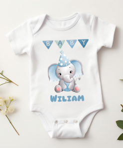 Personalized newborn baby romper featuring a cute elephant illustration and custom name, perfect as a baby shower gift or newborn outfit.