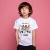 Child wearing a white personalized kids T-shirt with a custom name and "Don't Forget to Eat Your Fruits" colorful fruit design.