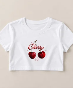 white crop top with cherry print design