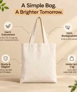 Premium canvas tote bag product specifications showing material, size, features and available colors