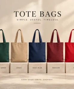 Premium canvas tote bag color options in black, bottle green, khaki, navy blue, maroon, red and white