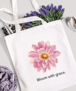 zipper canvas tote bag + floral flower design + reusable everyday use