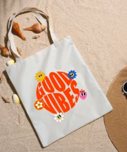 zipper tote bag + Good Vibes design + reusable everyday use