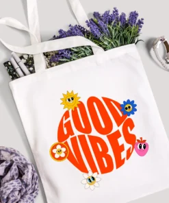 zipper tote bag + Good Vibes design + reusable everyday use