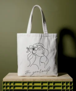 zipper tote bag + Be Yourself line art women design + reusable everyday use