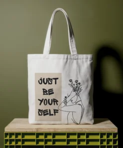 zipper tote bag + Just Be Yourself line art women design + reusable everyday use