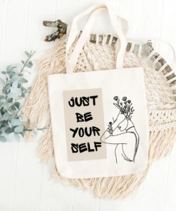 zipper tote bag + Be Yourself line art women design + reusable everyday use