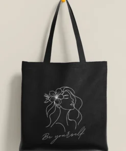 zipper tote bag + Be Yourself line art women design + reusable everyday use